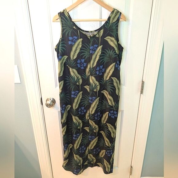 Pineapple Moon Tropical Print Silk Maxi Dress Sleeveless Medium Y2K Style - Picture 2 of 11